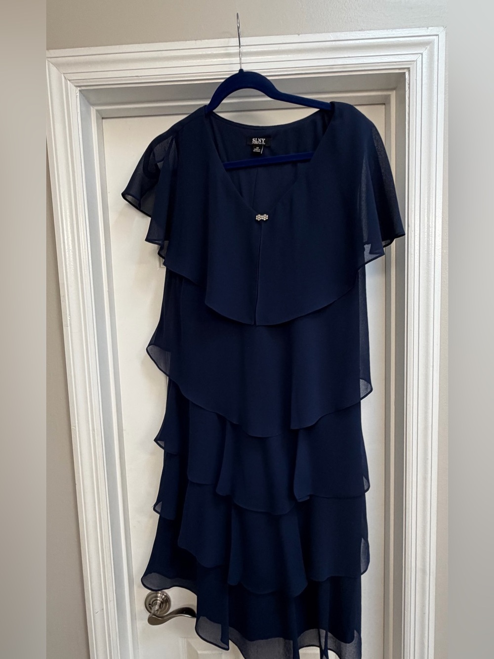 SLNY Navy Layered Chiffon Maxi Dress with Front Brooch
